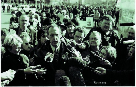 Australian Greens Senator Bob Brown at a S11 protest at the World Economic Forum in Melbourne, 2001, Photo courtesy of the Office of Senator Bob Brown